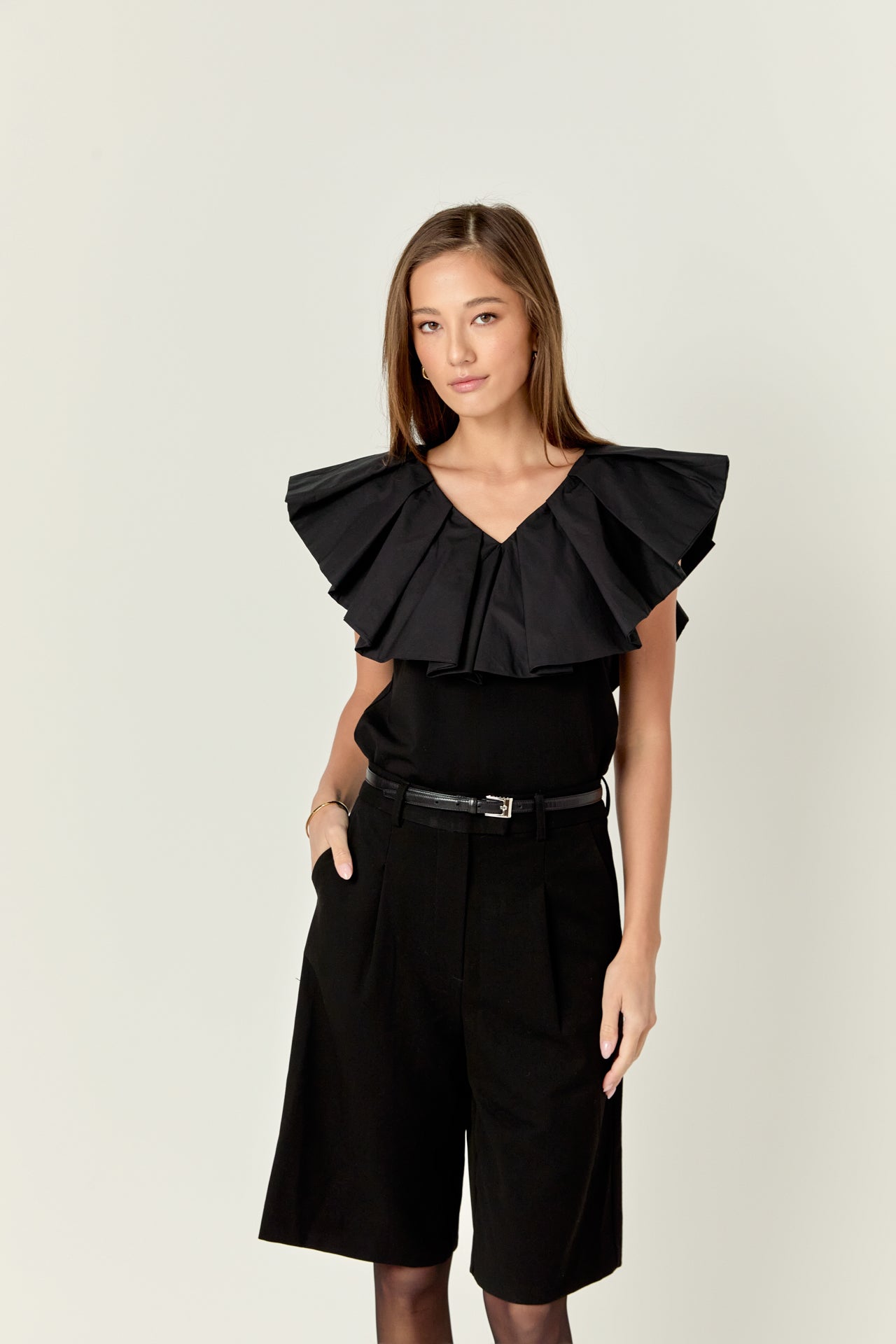 Mix Media Ruffled Sleeveless Top