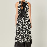 White and Black Printed Sleeveless Midi Dress