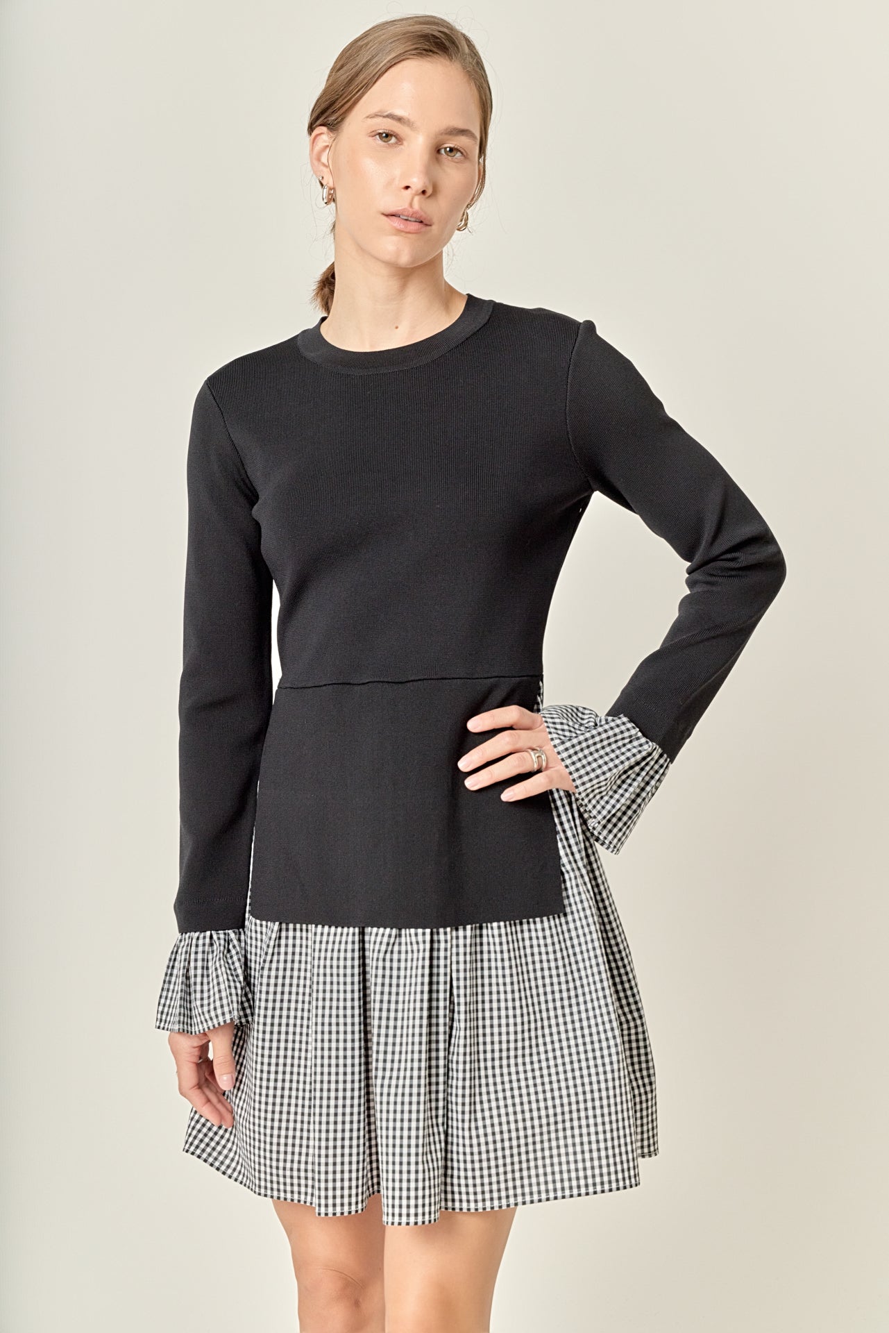 English Factory - Mixed Media Gingham Check Mini Dress Black / XS English Factory - Mixed Media Gingham Check Mini Dress Black / XS