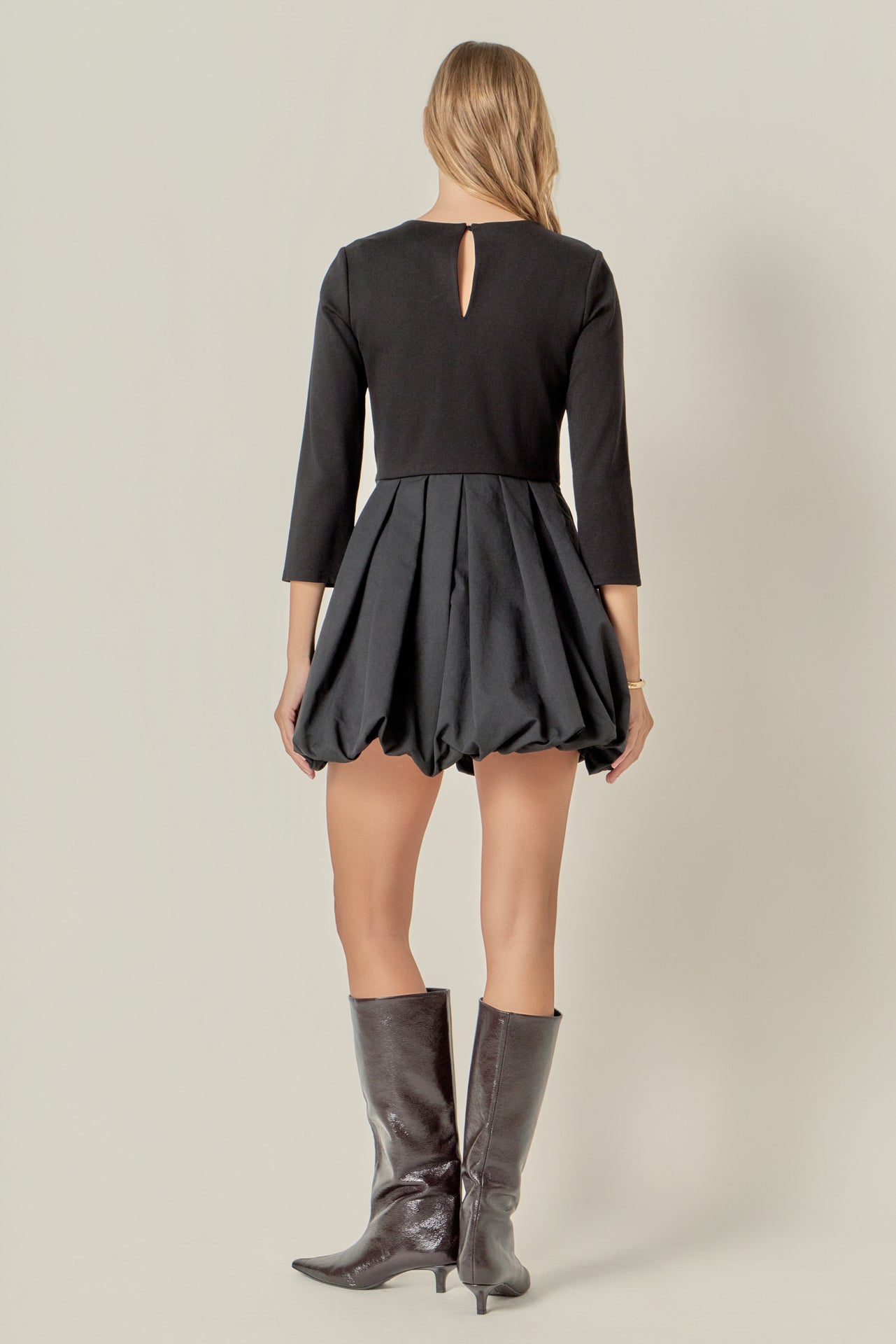 English Factory - Bubble Hem Mixed Media Mini Dress Black / M English Factory - Bubble Hem Mixed Media Mini Dress Black / M