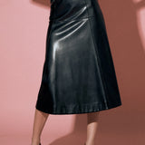 PU High Waisted Midi Skirt in Black