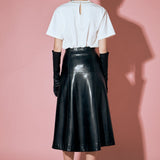 PU High Waisted Midi Skirt in Black