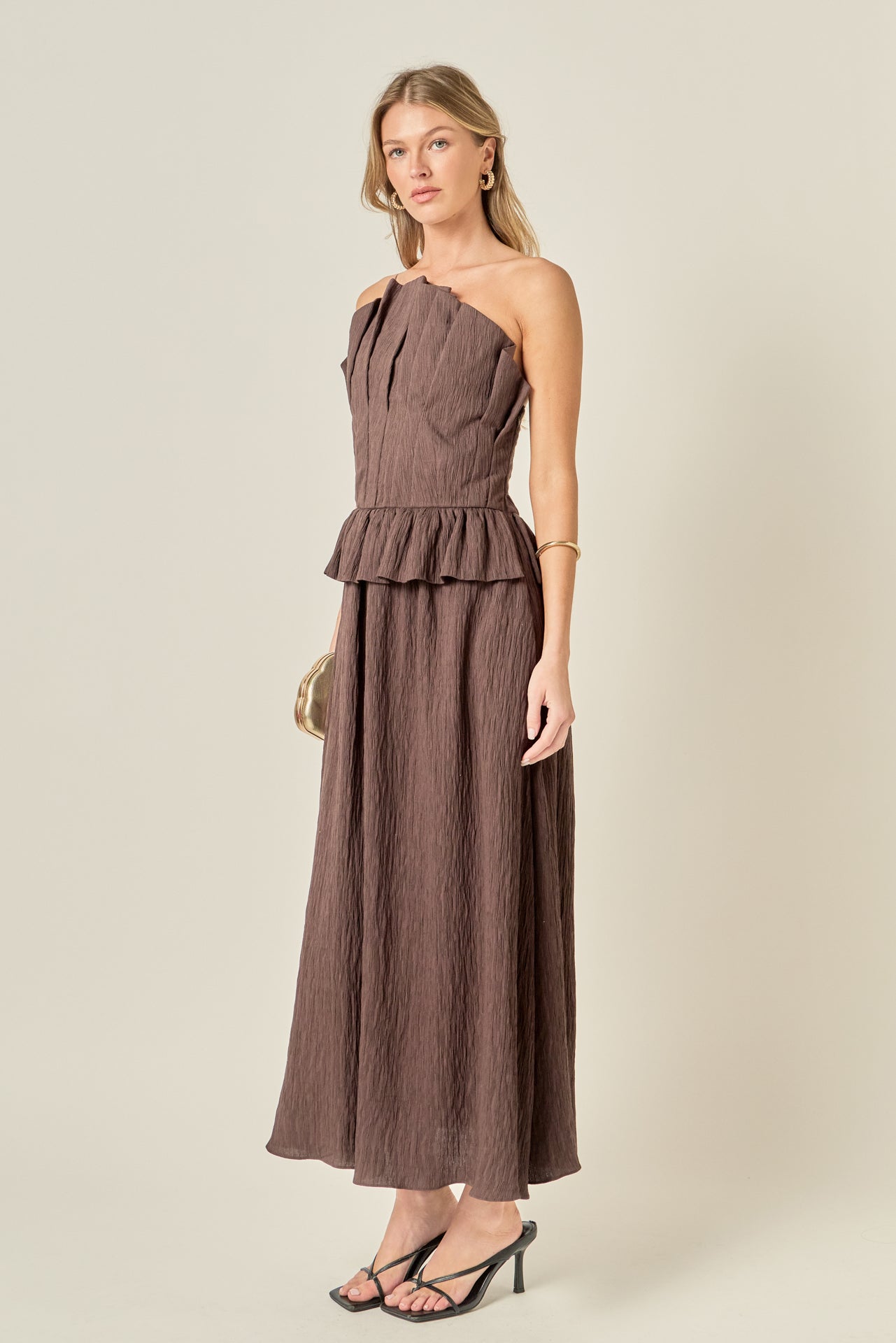 open lace back dress Carolina Pleated Maxi Dress in Brown main image 0