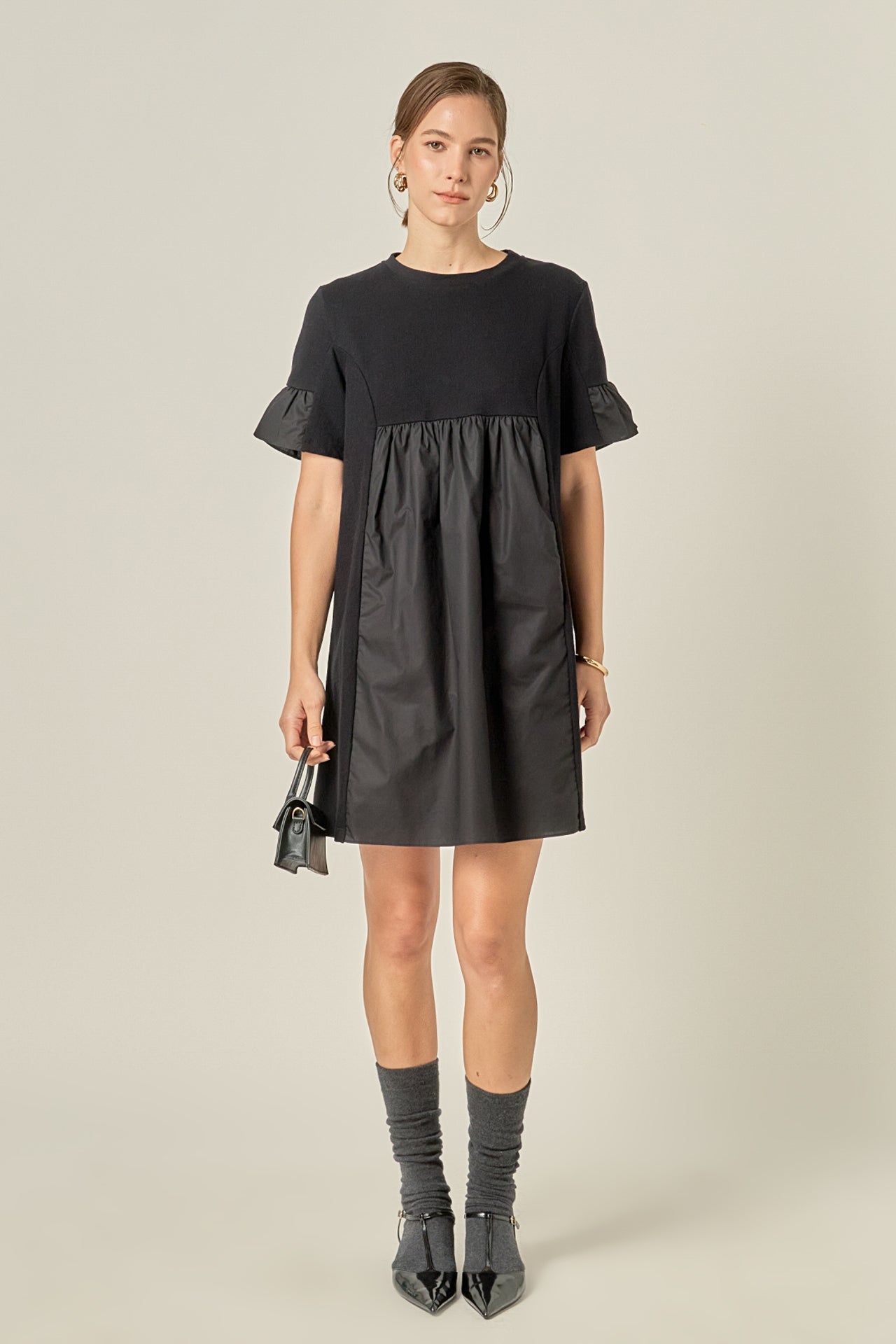 Mixed Media Ruffled Short-Sleeve Mini Dress