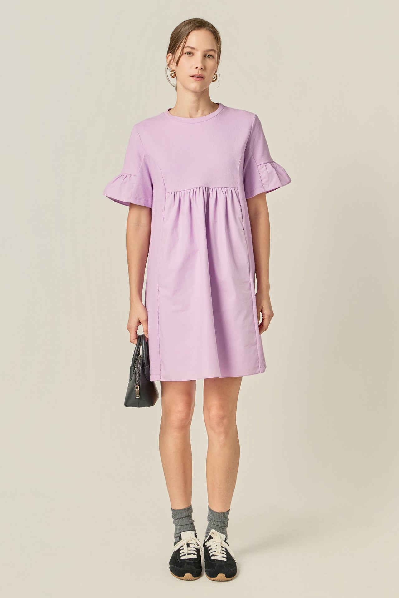 Mixed Media Ruffled Short-Sleeve Mini Dress