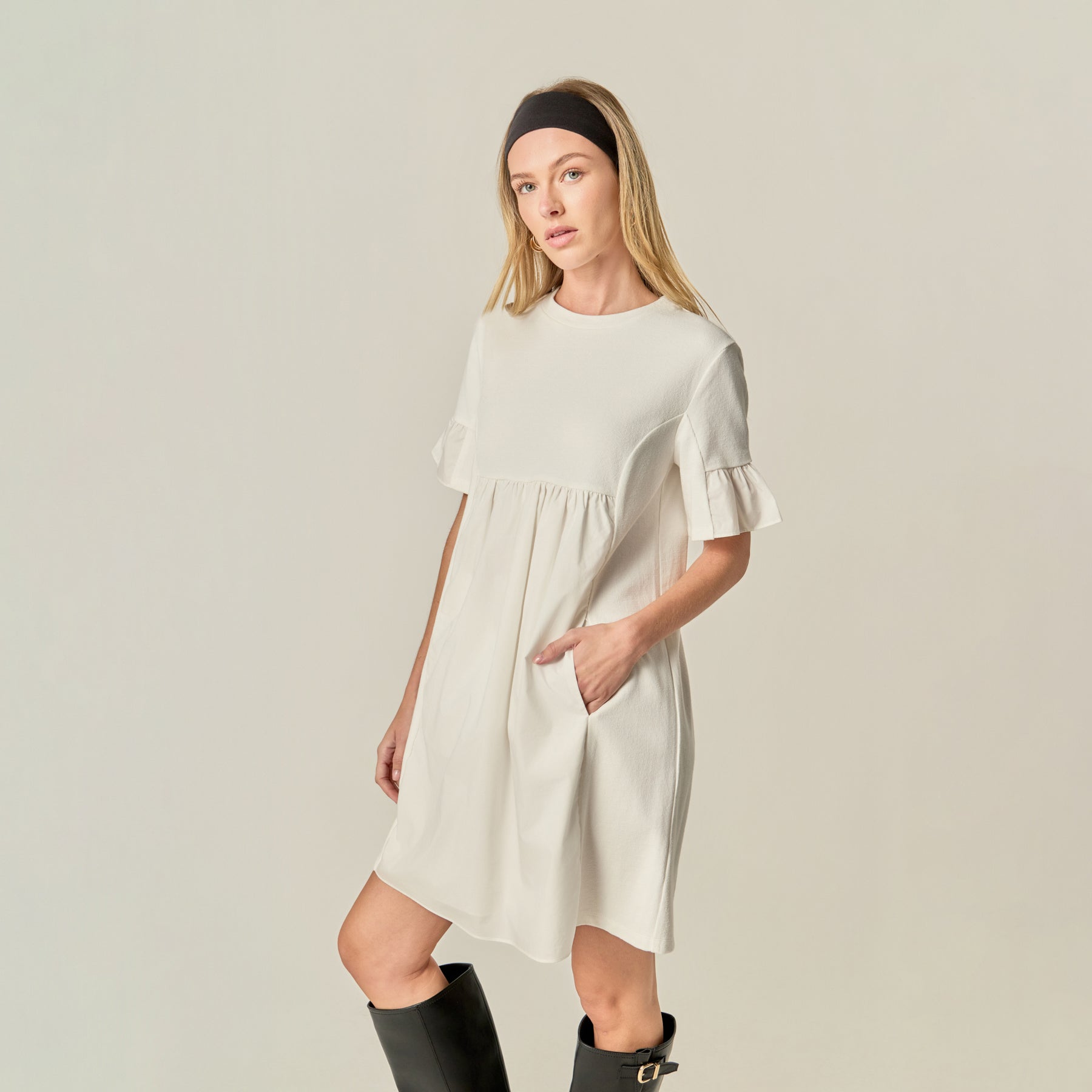 Mixed Media Ruffled Short-Sleeve Mini Dress