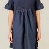 Mixed Media Ruffled Short-Sleeve Mini Dress