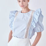 Lace Inserted Top with Puff Sleeves