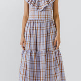 Plaid Midi Dress With Ruffle Neckline