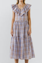 Load image into Gallery viewer, Plaid Midi Dress With Ruffle Neckline
