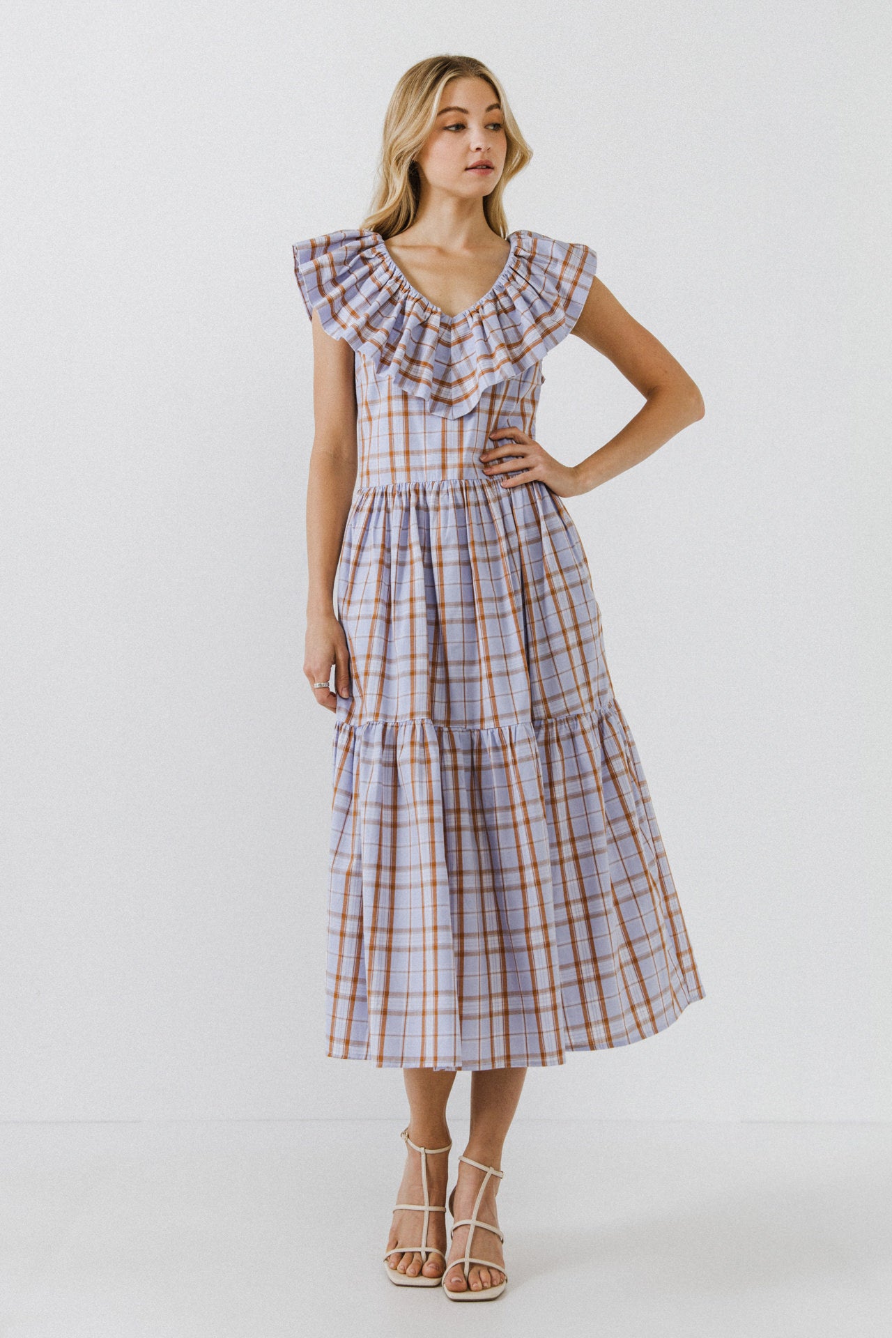 Plaid Midi Dress With Ruffle Neckline – English Factory