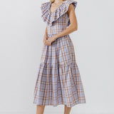 Plaid Midi Dress With Ruffle Neckline