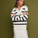 Striped Knit Zip Pullover in White
