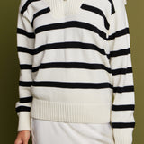 Striped Knit Zip Pullover in White