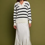 Striped Knit Zip Pullover in White
