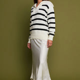Striped Knit Zip Pullover in White