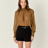 Checker Blouse with Mock Neck