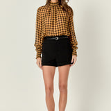 Checker Blouse with Mock Neck