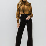 Checker Blouse with Mock Neck