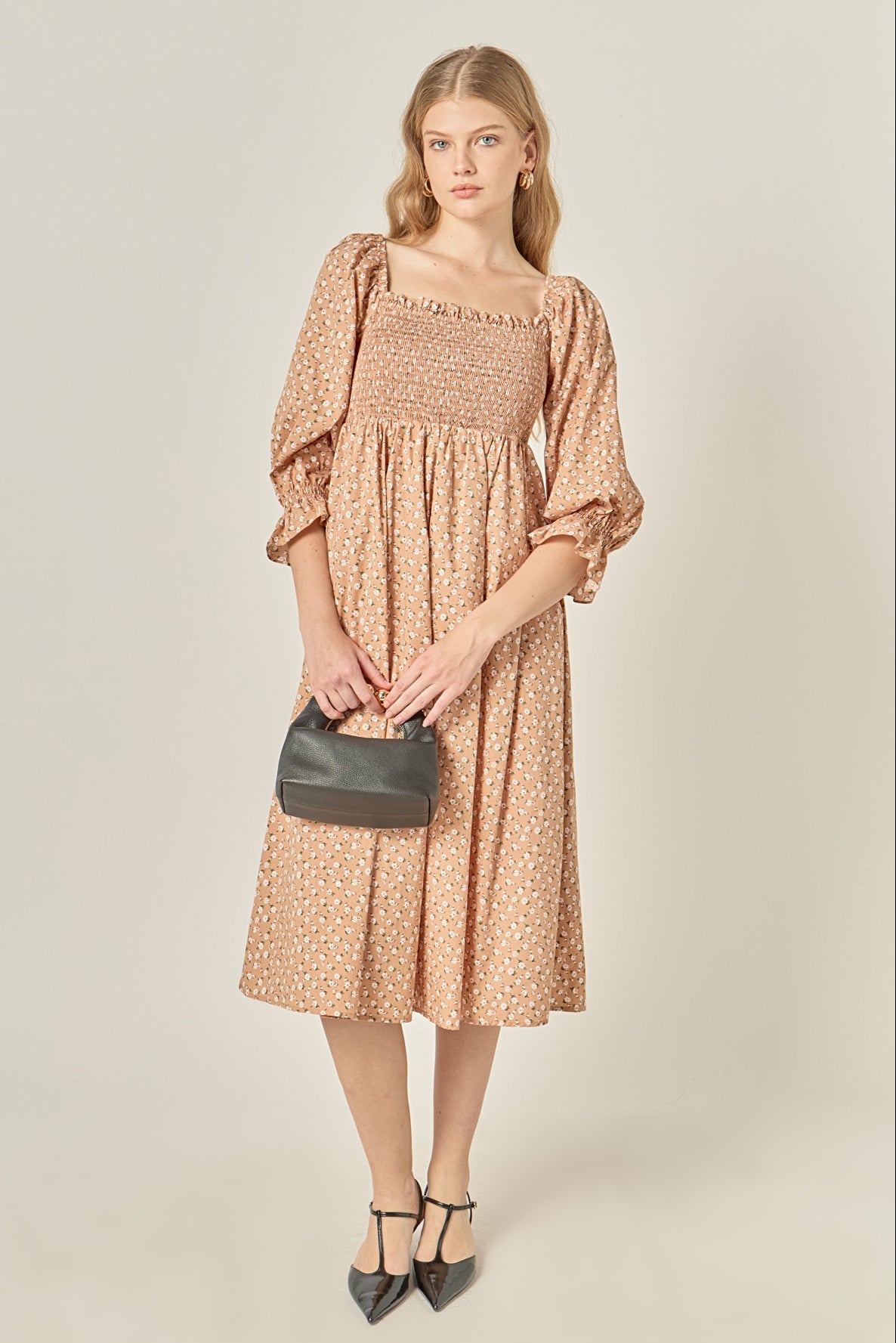 smocked midi dress with sleeves English Factory