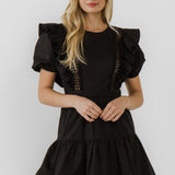 Lace Inserted Dress with Puff Sleeves