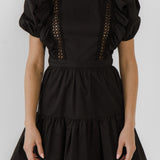 Lace Inserted Dress with Puff Sleeves