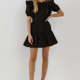 Lace Inserted Dress with Puff Sleeves