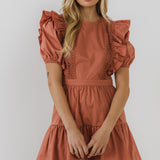 Lace Inserted Dress with Puff Sleeves