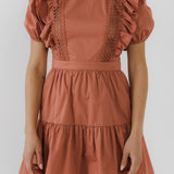 Lace Inserted Dress with Puff Sleeves