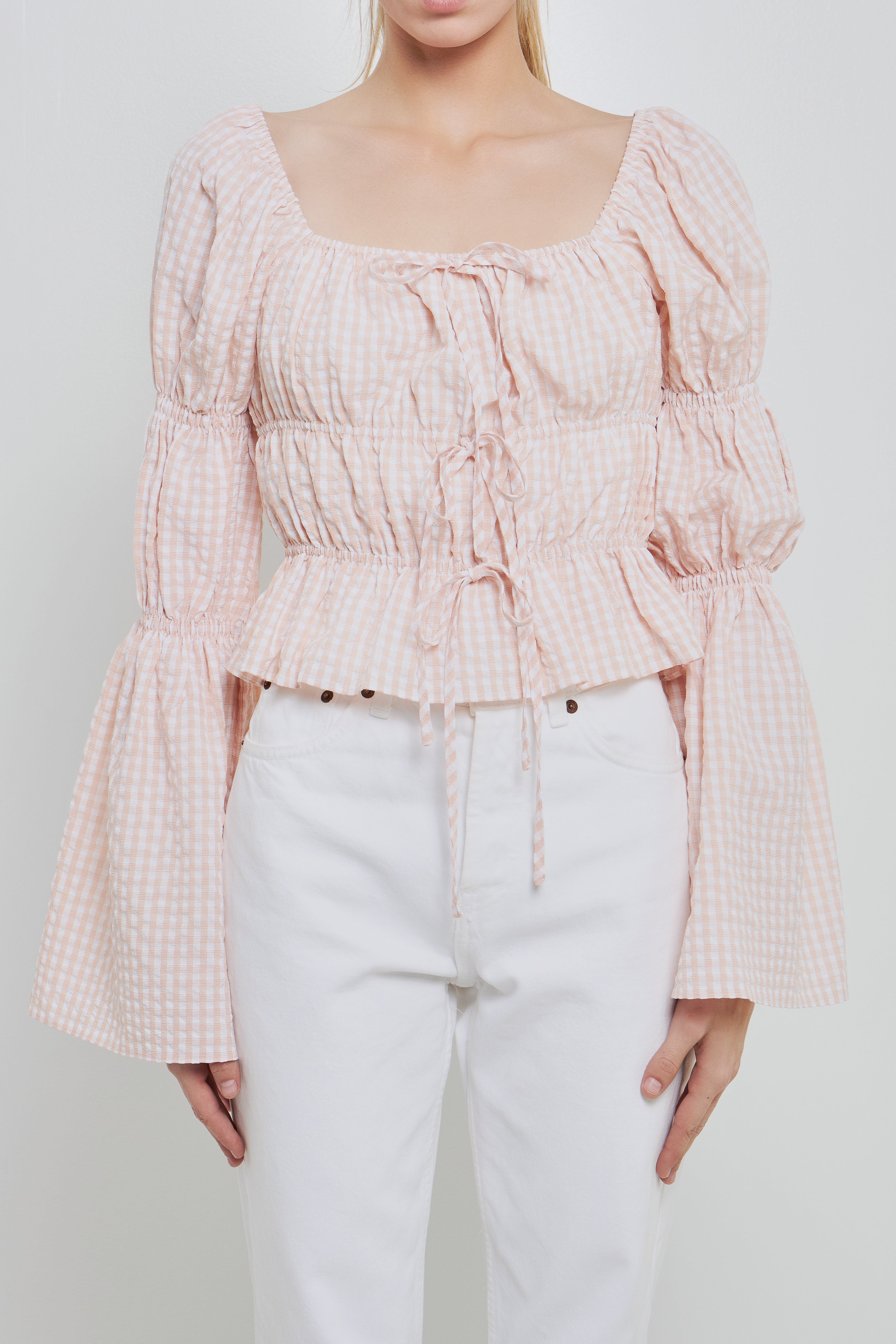 Tie Detailed Shirring Top with Long Sleeves – English Factory