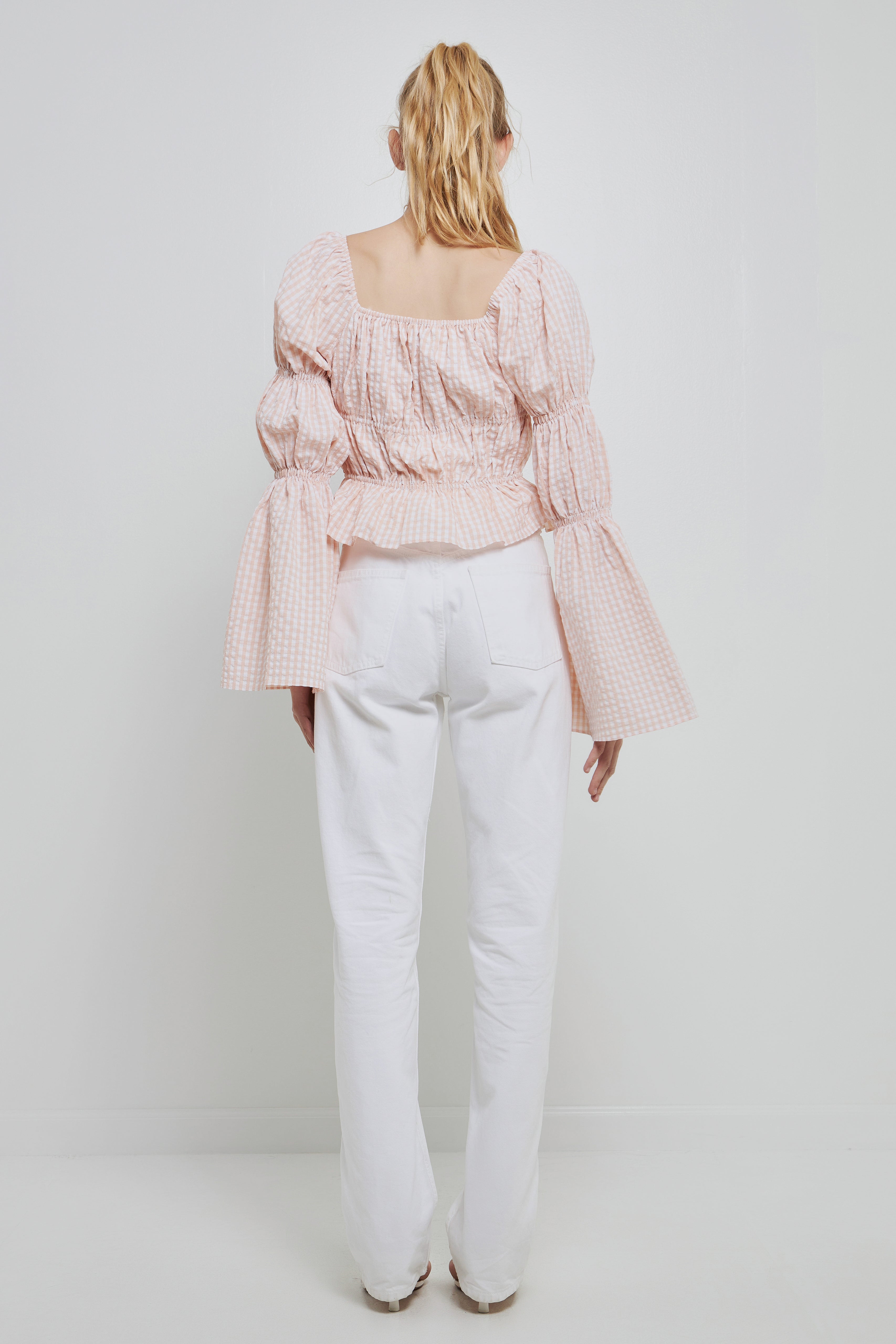 Tie Detailed Shirring Top with Long Sleeves – English Factory