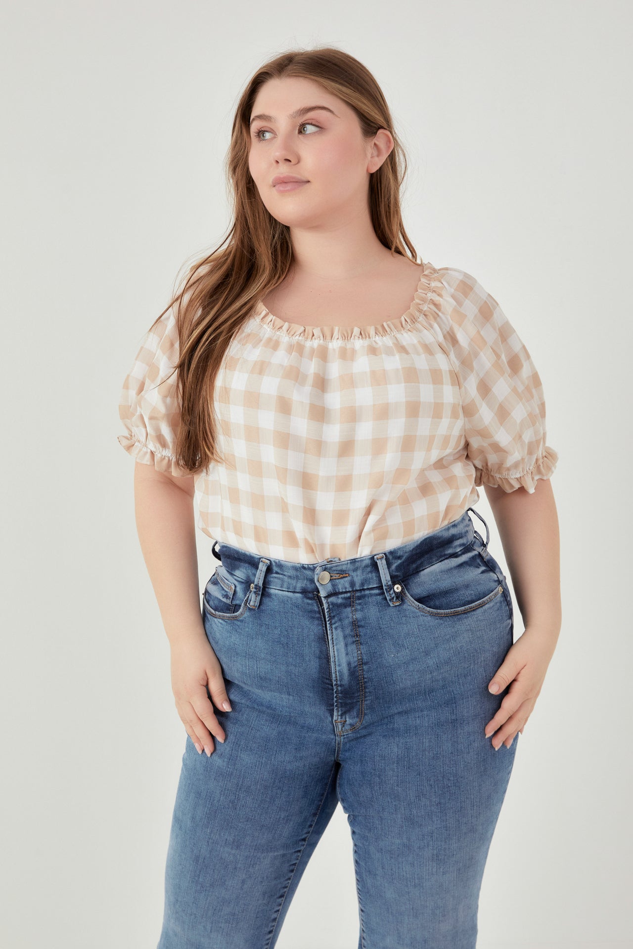 Plus Size Gingham Top with Short Puff Sleeves – English Factory