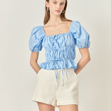 Tie Detail Shirring Top with Short Sleeves