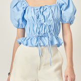 Tie Detail Shirring Top with Short Sleeves