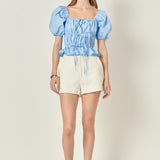 Tie Detail Shirring Top with Short Sleeves