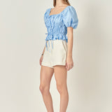 Tie Detail Shirring Top with Short Sleeves