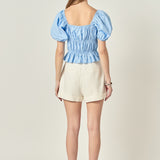 Tie Detail Shirring Top with Short Sleeves