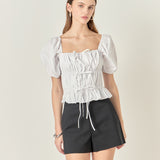 Tie Detail Shirring Top with Short Sleeves