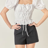 Tie Detail Shirring Top with Short Sleeves