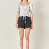 Tie Detail Shirring Top with Short Sleeves