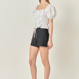 Tie Detail Shirring Top with Short Sleeves