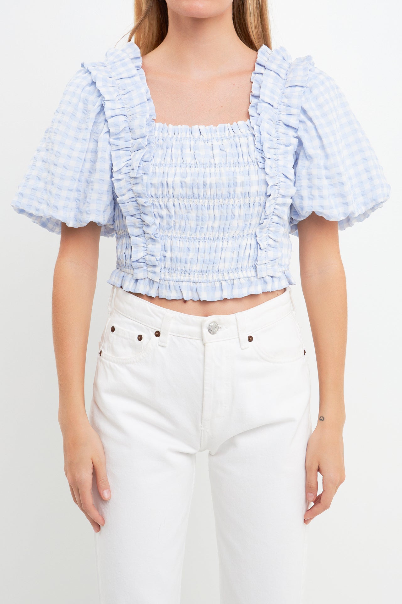 Ameri／CHECK PUFF SLEEVE TOP Gingham Puff Sleeve Top | Ardene