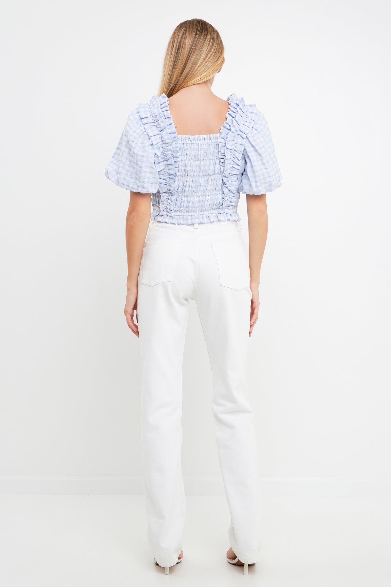 Gingham Smocked Puff Sleeve Top – English Factory