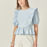 Embroidered Gingham Checked Ruffle Top