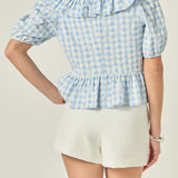 Embroidered Gingham Checked Ruffle Top