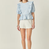 Embroidered Gingham Checked Ruffle Top