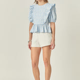 Embroidered Gingham Checked Ruffle Top