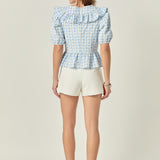 Embroidered Gingham Checked Ruffle Top