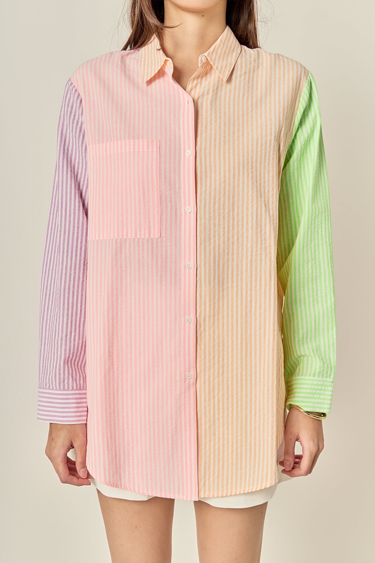 colorblock dress shirt VERY J Long Sleeve Color Block Striped Shirt Size M