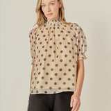 Polka-dot Puff Sleeve Top with Mock Neck